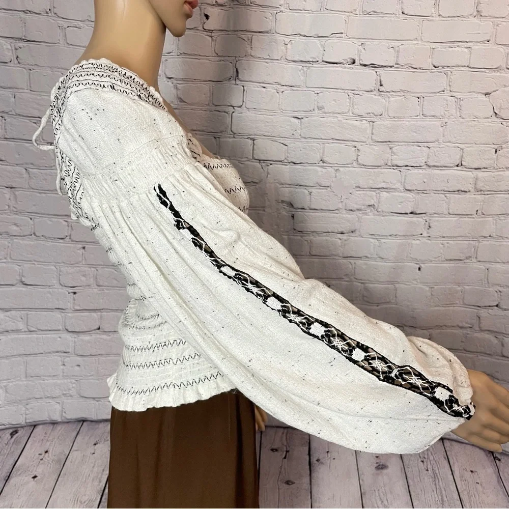 NWT New $148 Free People Maggie Embroidered Shirred Ivory Blouse Top Size M